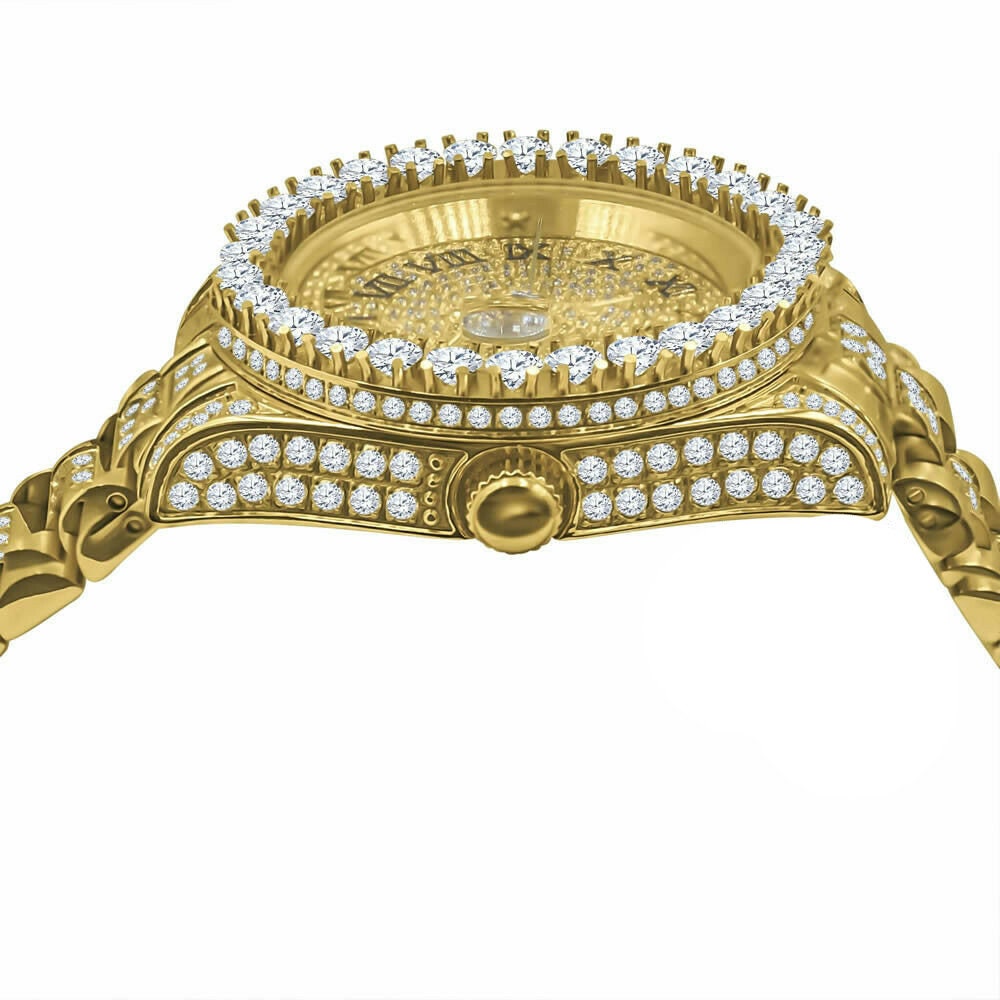 18K Yellow Gold Tone Solid Full Stainless Steel Simulated Diamonds Presidential Roman Numeral Dial Watch 41mm W/Date