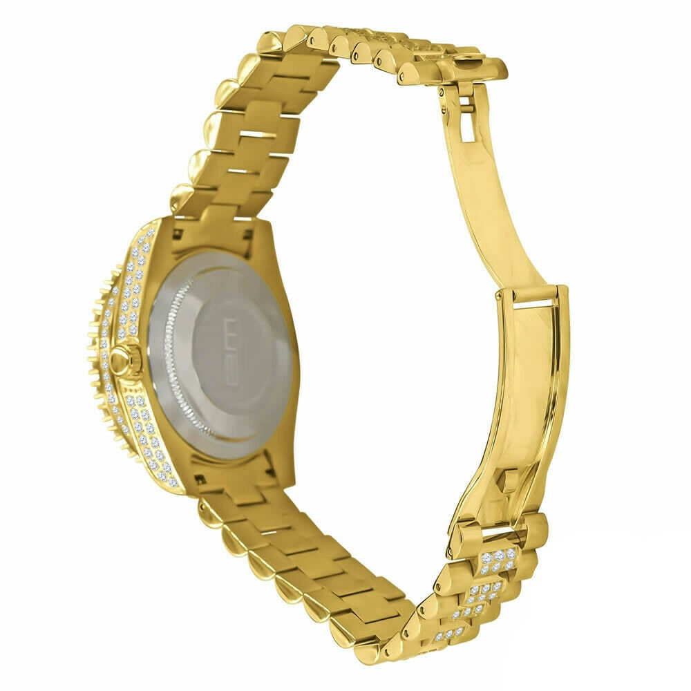 18K Yellow Gold Tone Solid Full Stainless Steel Simulated Diamonds Presidential Roman Numeral Dial Watch 41mm W/Date