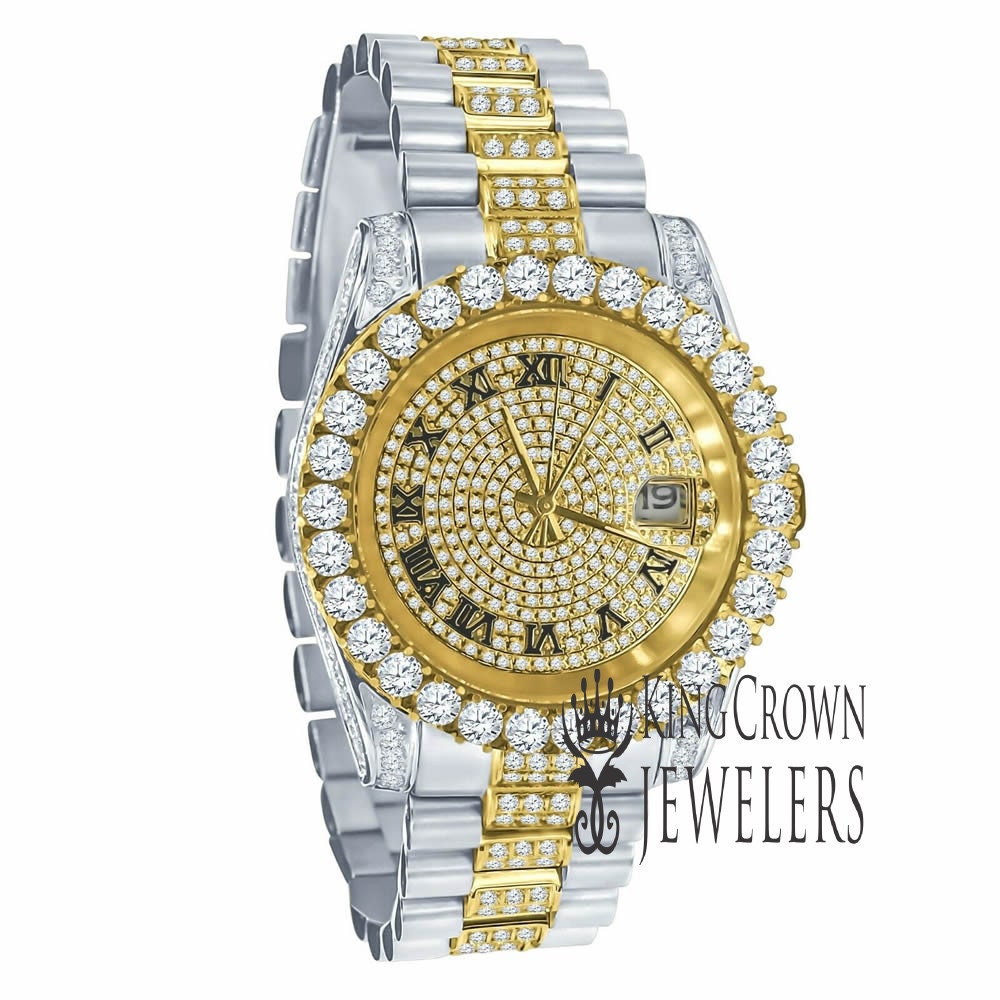 2 Tone Gold Finish Solid Full Stainless Steel Simulated Diamonds Presidential Roman Numeral Dial Watch 41mm W/Date