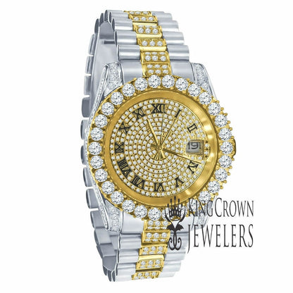 2 Tone Gold Finish Solid Full Stainless Steel Simulated Diamonds Presidential Roman Numeral Dial Watch 41mm W/Date