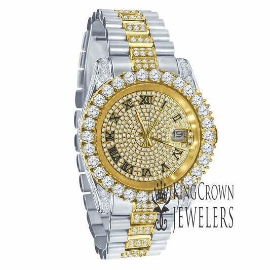 2 Tone Gold Finish Solid Full Stainless Steel Simulated Diamonds Presidential Roman Numeral Dial Watch 41mm W/Date