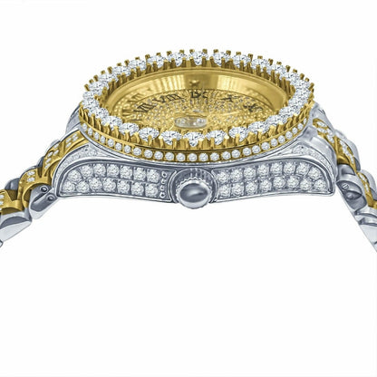 2 Tone Gold Finish Solid Full Stainless Steel Simulated Diamonds Presidential Roman Numeral Dial Watch 41mm W/Date