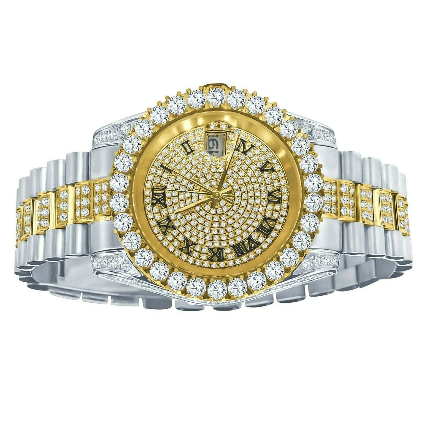 2 Tone Gold Finish Solid Full Stainless Steel Simulated Diamonds Presidential Roman Numeral Dial Watch 41mm W/Date