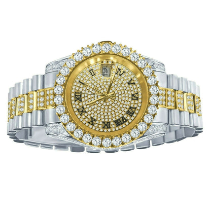 2 Tone Gold Finish Solid Full Stainless Steel Simulated Diamonds Presidential Roman Numeral Dial Watch 41mm W/Date