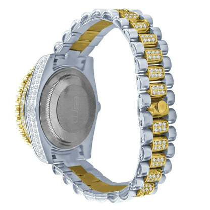 2 Tone Gold Finish Solid Full Stainless Steel Simulated Diamonds Presidential Roman Numeral Dial Watch 41mm W/Date