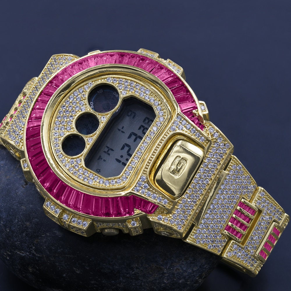 Mens Pink Tourmaline Baguette  Authentic Custom Casio G-Shock DW6900 Adjustable Size Watch Yellow Gold Finish Simulated Diamonds