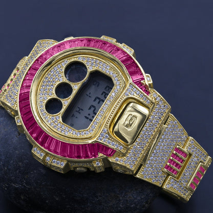 Mens Pink Tourmaline Baguette  Authentic Custom Casio G-Shock DW6900 Adjustable Size Watch Yellow Gold Finish Simulated Diamonds