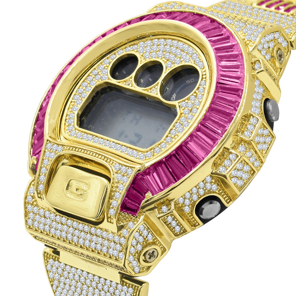 Mens Pink Tourmaline Baguette  Authentic Custom Casio G-Shock DW6900 Adjustable Size Watch Yellow Gold Finish Simulated Diamonds