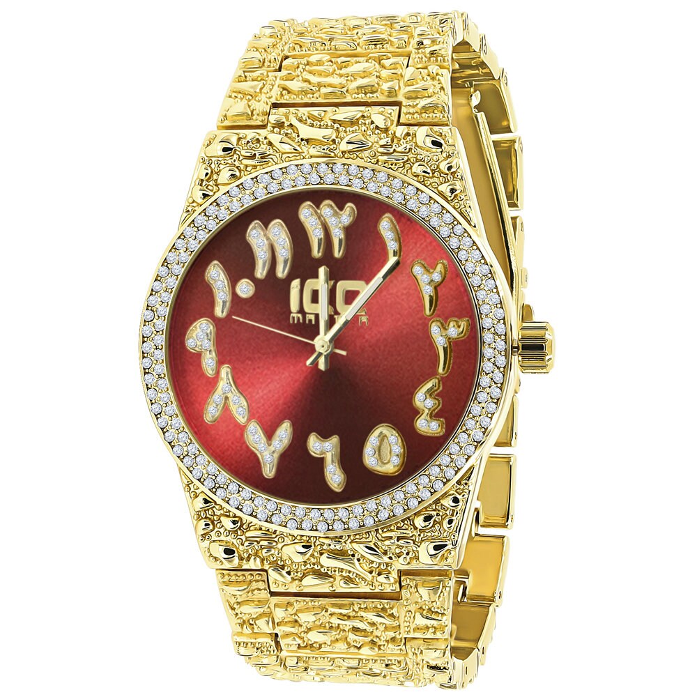 Red Ruby Face Arabic Numeral Dial Yellow Gold Tone Simulated Diamond Nugget Style Mens Steel Watch 44mm