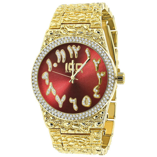 Red Ruby Face Arabic Numeral Dial Yellow Gold Tone Simulated Diamond Nugget Style Mens Steel Watch 44mm