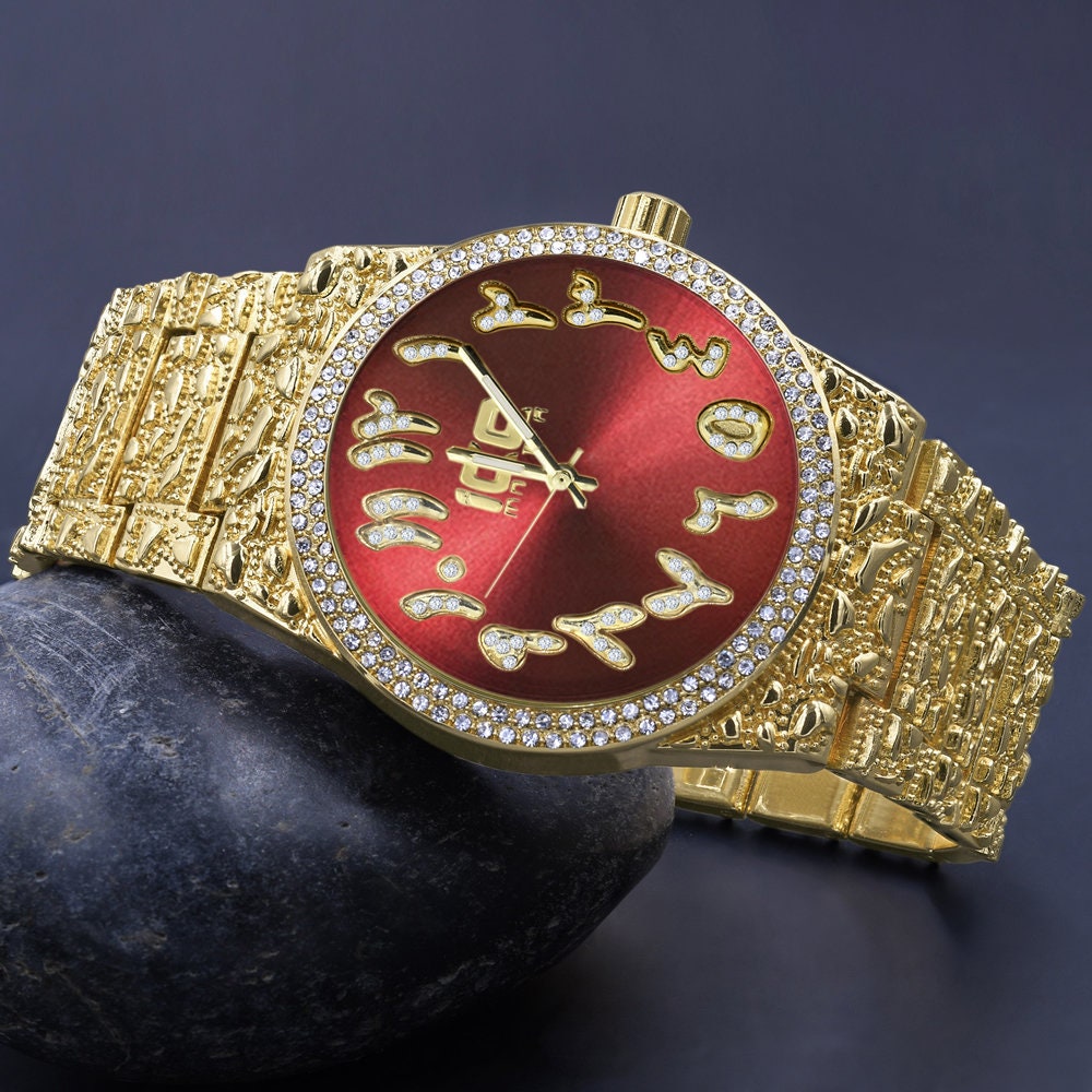 Red Ruby Face Arabic Numeral Dial Yellow Gold Tone Simulated Diamond Nugget Style Mens Steel Watch 44mm
