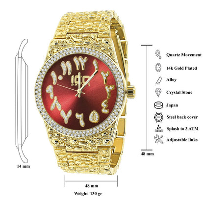 Red Ruby Face Arabic Numeral Dial Yellow Gold Tone Simulated Diamond Nugget Style Mens Steel Watch 44mm