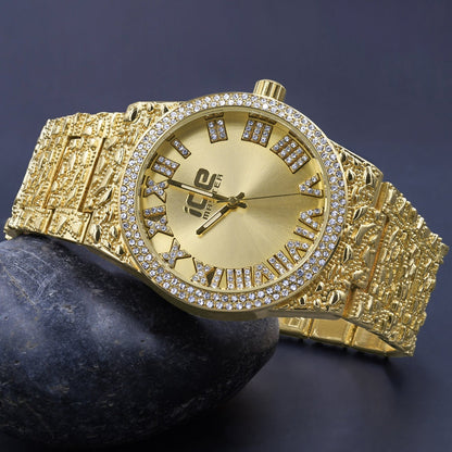 Mens Roman Numeral Dial Yellow Gold Tone Simulated Diamond Nugget Style Steel Watch