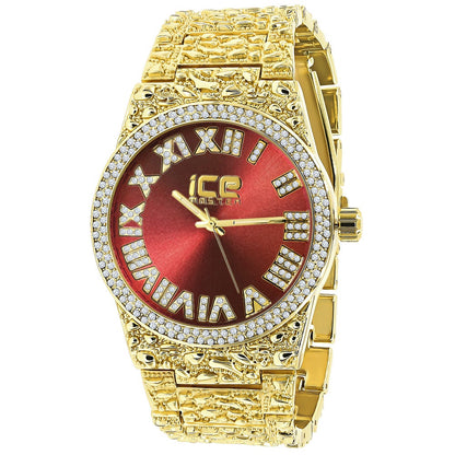 Men's Roman Numeral Dial 18K Yellow Gold Finish Ruby Red Face Simulated Diamond 5 ATM Water Resistant Solid Steel Back Nugget Watch 44mm
