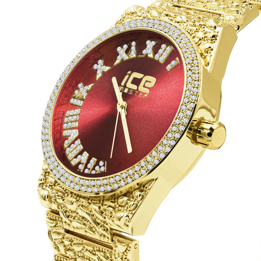 Men's Roman Numeral Dial 18K Yellow Gold Finish Ruby Red Face Simulated Diamond 5 ATM Water Resistant Solid Steel Back Nugget Watch 44mm