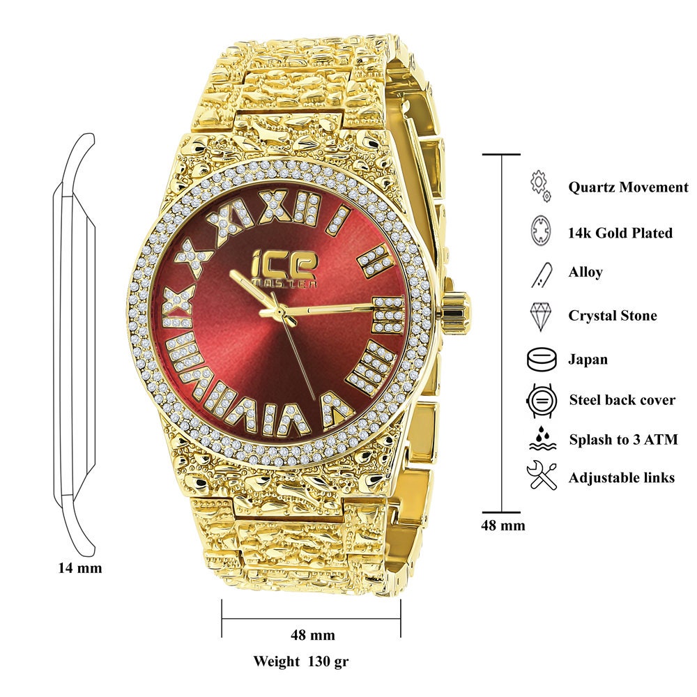 Men's Roman Numeral Dial 18K Yellow Gold Finish Ruby Red Face Simulated Diamond 5 ATM Water Resistant Solid Steel Back Nugget Watch 44mm