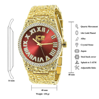 Men's Roman Numeral Dial 18K Yellow Gold Finish Ruby Red Face Simulated Diamond 5 ATM Water Resistant Solid Steel Back Nugget Watch 44mm