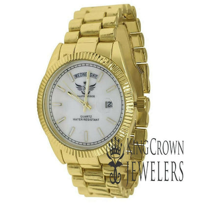 Mens White Dial 14K Yellow Gold Finish Day/Date Function Steel Back Metal Band Watch
