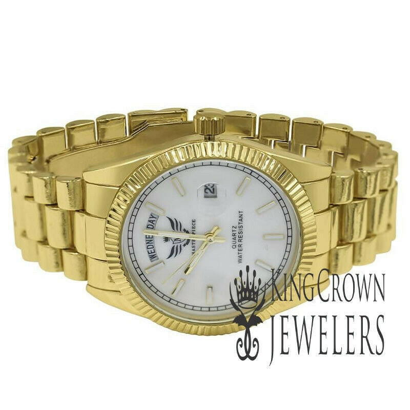 Mens White Dial 14K Yellow Gold Finish Day/Date Function Steel Back Metal Band Watch