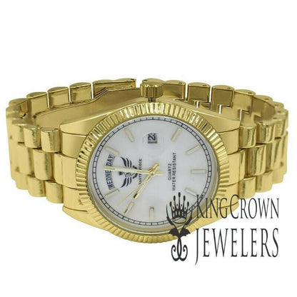 Mens White Dial 14K Yellow Gold Finish Day/Date Function Steel Back Metal Band Watch
