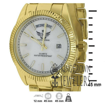 Mens White Dial 14K Yellow Gold Finish Day/Date Function Steel Back Metal Band Watch