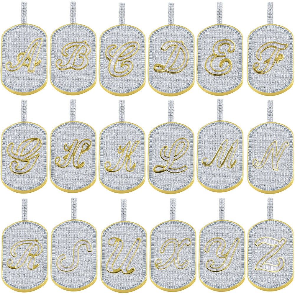 Men's 14K Gold Finish 14+ Grams Baguette/Round Cut Simulated 3.00 Cwt. Diamond Initial Letters Alphabet Dog Tag Pendent Charm 2''