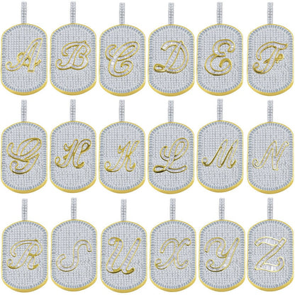 Men's 14K Gold Finish 14+ Grams Baguette/Round Cut Simulated 3.00 Cwt. Diamond Initial Letters Alphabet Dog Tag Pendent Charm 2''