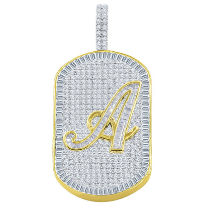 Men's 14K Gold Finish 14+ Grams Baguette/Round Cut Simulated 3.00 Cwt. Diamond Initial Letters Alphabet Dog Tag Pendent Charm 2''