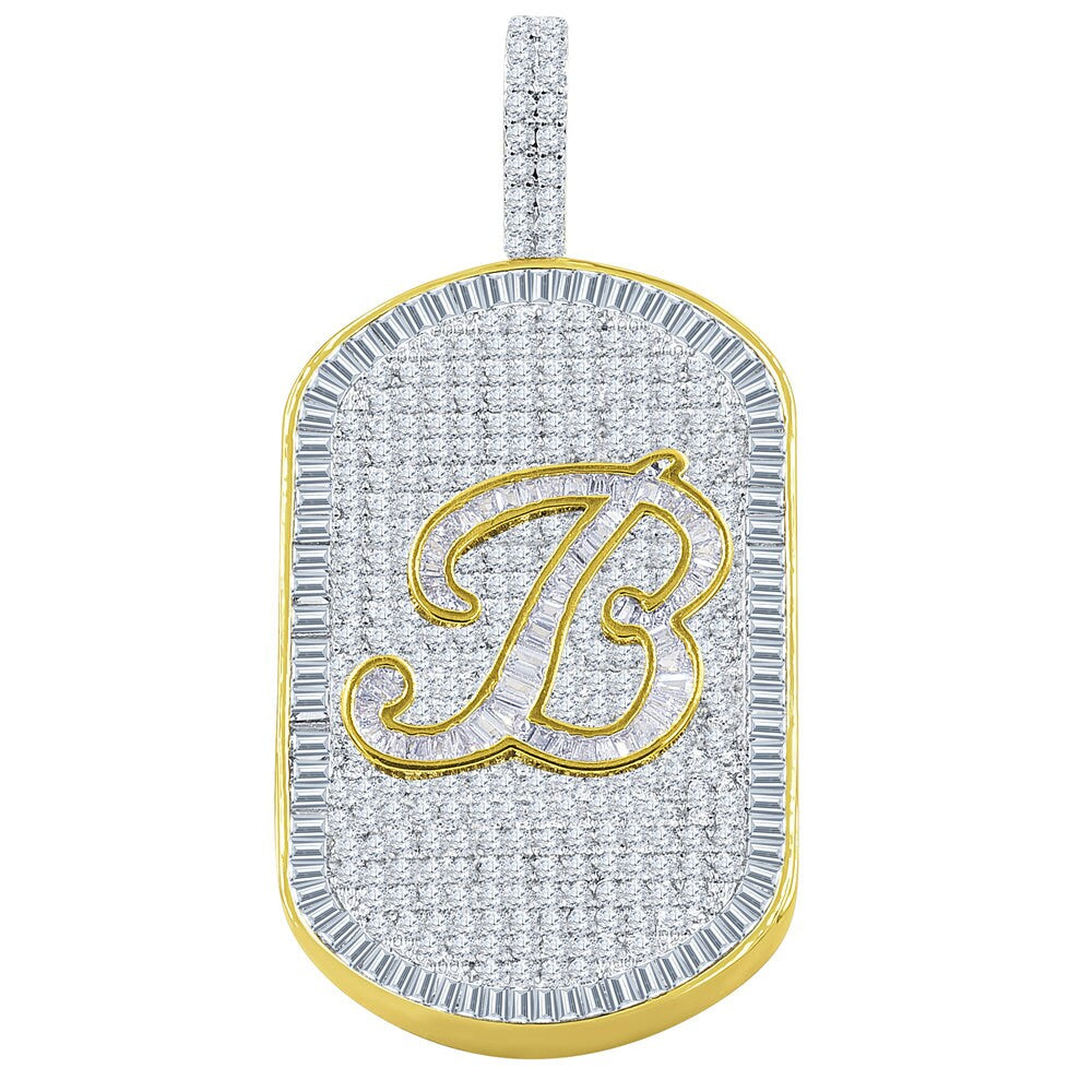 Men's 14K Gold Finish 14+ Grams Baguette/Round Cut Simulated 3.00 Cwt. Diamond Initial Letters Alphabet Dog Tag Pendent Charm 2''