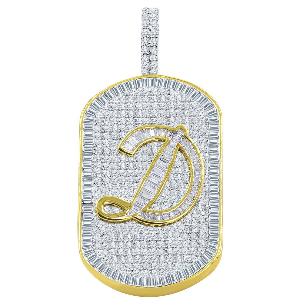 Men's 14K Gold Finish 14+ Grams Baguette/Round Cut Simulated 3.00 Cwt. Diamond Initial Letters Alphabet Dog Tag Pendent Charm 2''