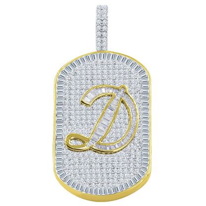 Men's 14K Gold Finish 14+ Grams Baguette/Round Cut Simulated 3.00 Cwt. Diamond Initial Letters Alphabet Dog Tag Pendent Charm 2''
