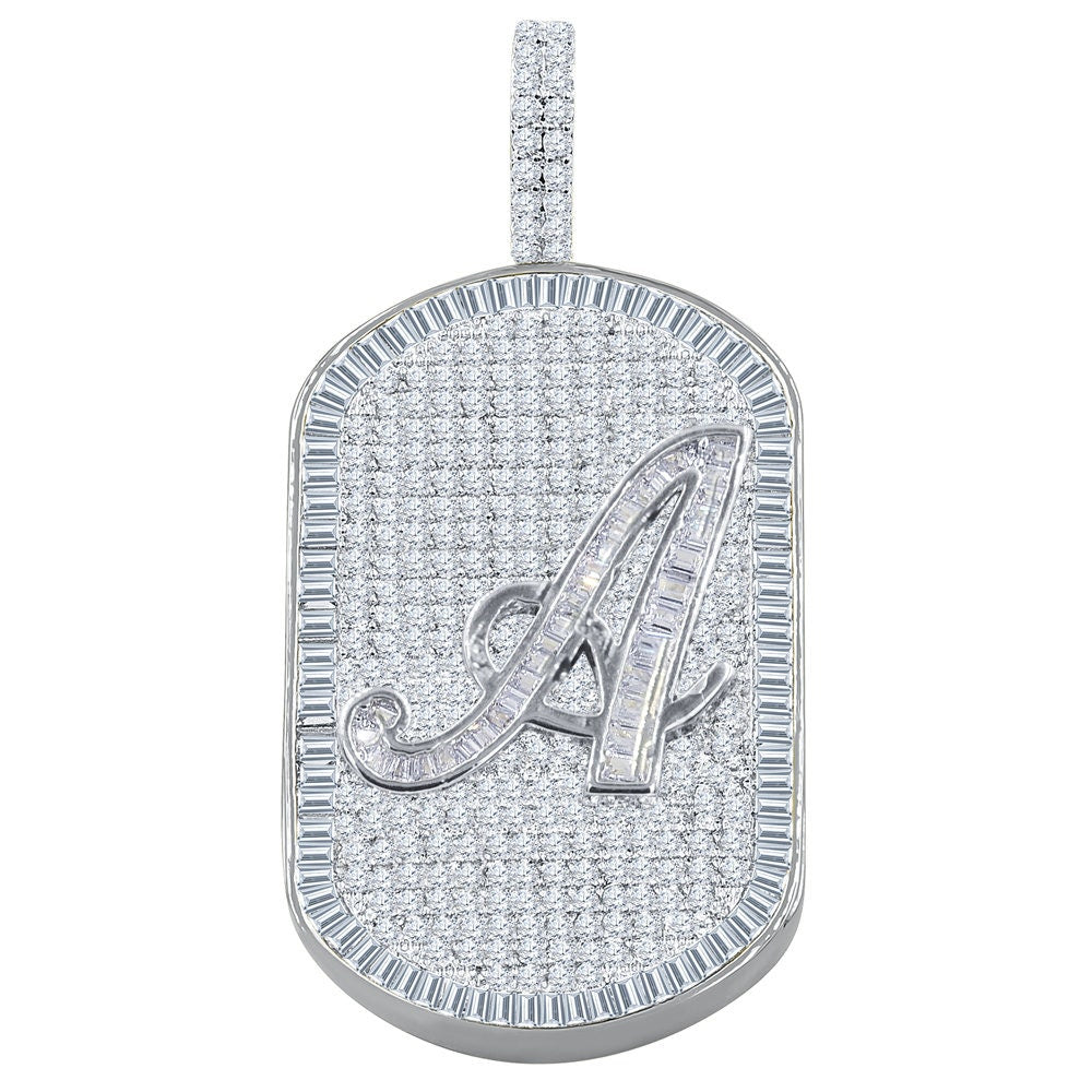 Mens 14K White Gold Finish Baguette/Round Cut Simulated Diamond Initial Letters Alphabet Dog Tag Pendent Charm 2''
