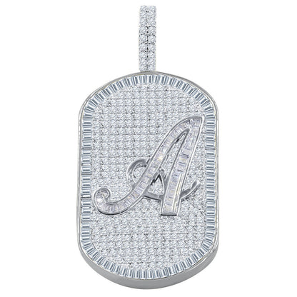 Mens 14K White Gold Finish Baguette/Round Cut Simulated Diamond Initial Letters Alphabet Dog Tag Pendent Charm 2''