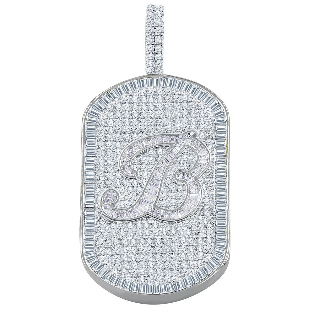 Mens 14K White Gold Finish Baguette/Round Cut Simulated Diamond Initial Letters Alphabet Dog Tag Pendent Charm 2''