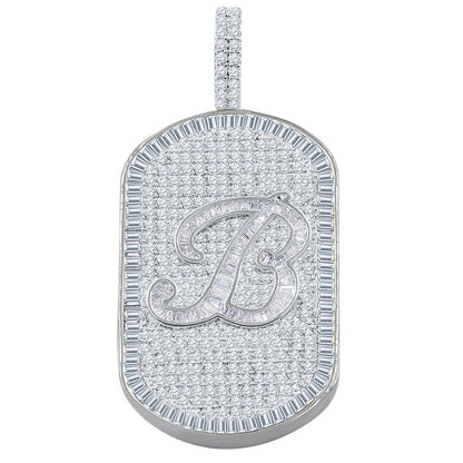 Mens 14K White Gold Finish Baguette/Round Cut Simulated Diamond Initial Letters Alphabet Dog Tag Pendent Charm 2''
