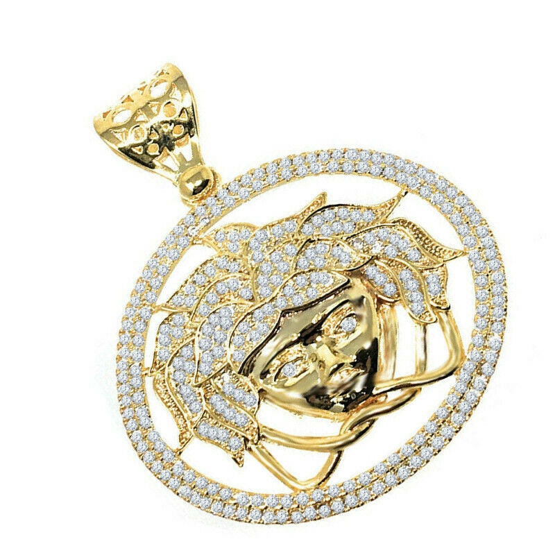 Men's 14k Yellow Gold Finish Simulated Diamond Lion Head Charm Pendant 2.25"