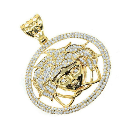Men's 14k Yellow Gold Finish Simulated Diamond Lion Head Charm Pendant 2.25"