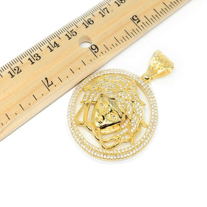 Men's 14k Yellow Gold Finish Simulated Diamond Lion Head Charm Pendant 2.25"