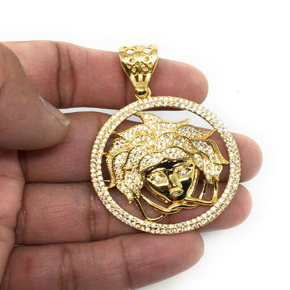 Men's 14k Yellow Gold Finish Simulated Diamond Lion Head Charm Pendant 2.25"