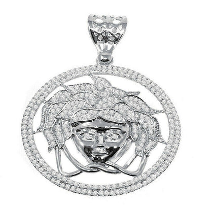 Men's 14k White Gold Finish Simulated Diamond Lion Head Charm Pendant 2.25"