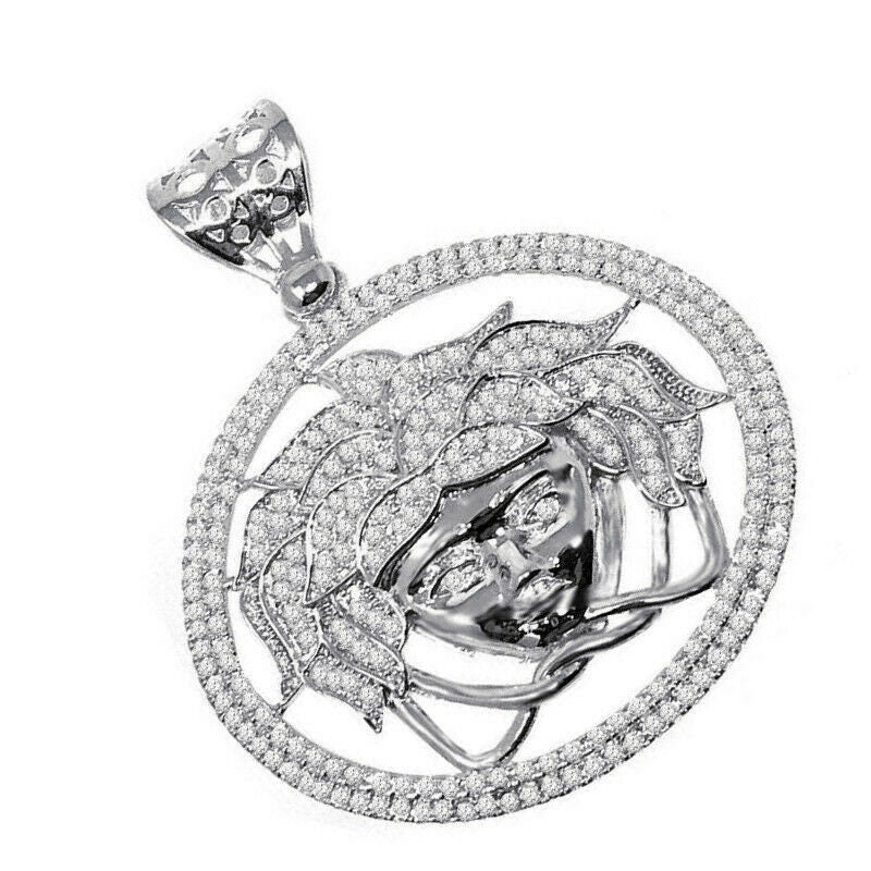 Men's 14k White Gold Finish Simulated Diamond Lion Head Charm Pendant 2.25"