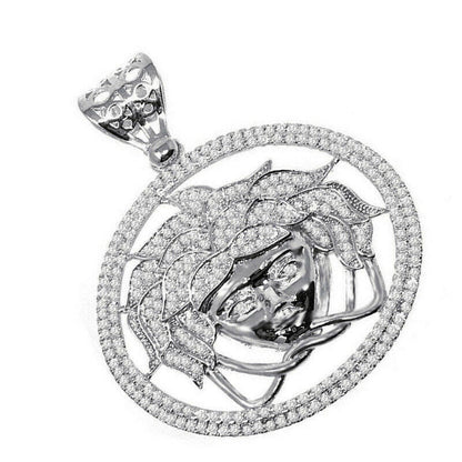 Men's 14k White Gold Finish Simulated Diamond Lion Head Charm Pendant 2.25"