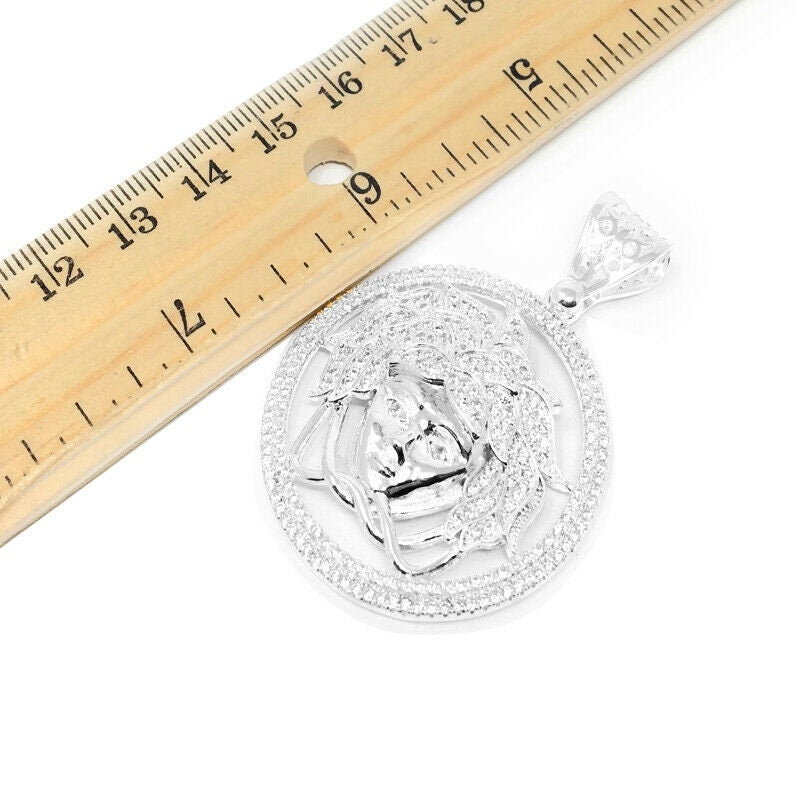 Men's 14k White Gold Finish Simulated Diamond Lion Head Charm Pendant 2.25"