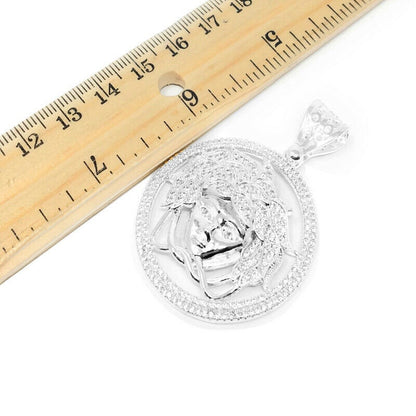 Men's 14k White Gold Finish Simulated Diamond Lion Head Charm Pendant 2.25"