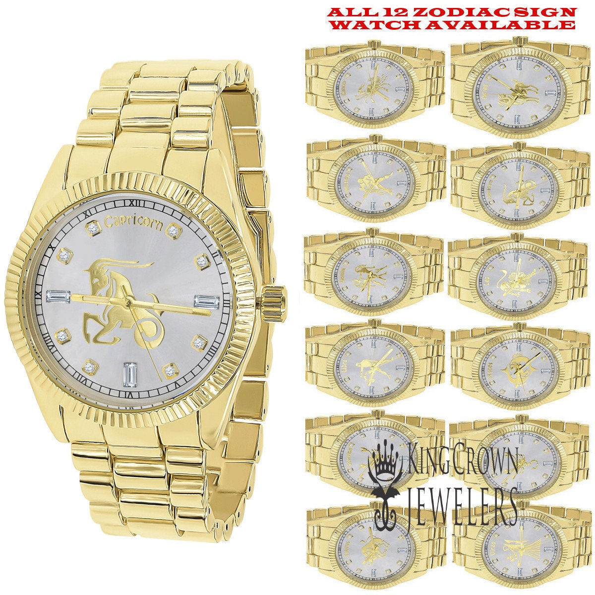 14K Gold Finish Zodiac Sign Capricorn Goat Astrology Horoscope 5 ATM Water Resistant Metal Band Presidential Unisex Custom Watch 40mm