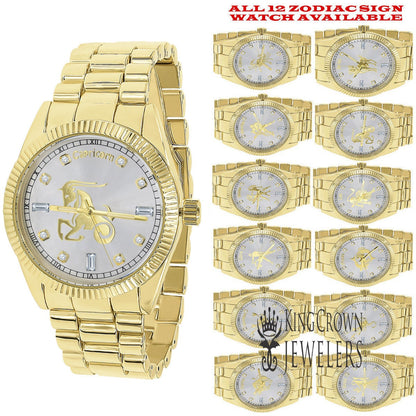 14K Gold Finish Zodiac Sign Capricorn Goat Astrology Horoscope 5 ATM Water Resistant Metal Band Presidential Unisex Custom Watch 40mm