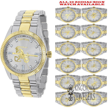 14K Gold Finish Zodiac Sign Capricorn Goat Astrology Horoscope 5 ATM Water Resistant Metal Band Presidential Unisex Custom Watch 40mm