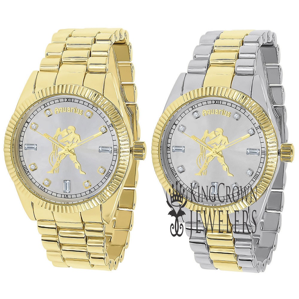 14K Gold Finish Zodiac Sign Aquarius Water Astrology Horoscope 5 ATM Water Resistant Metal Band Presidential Unisex Custom Watch 40mm