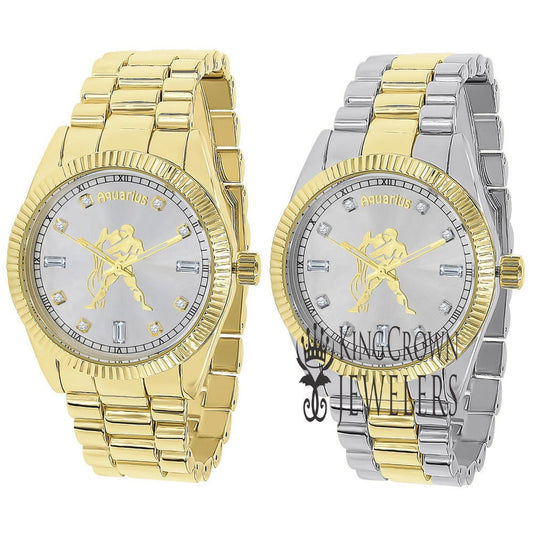 14K Gold Finish Zodiac Sign Aquarius Water Astrology Horoscope 5 ATM Water Resistant Metal Band Presidential Unisex Custom Watch 40mm