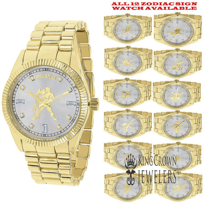 14K Gold Finish Zodiac Sign Aquarius Water Astrology Horoscope 5 ATM Water Resistant Metal Band Presidential Unisex Custom Watch 40mm